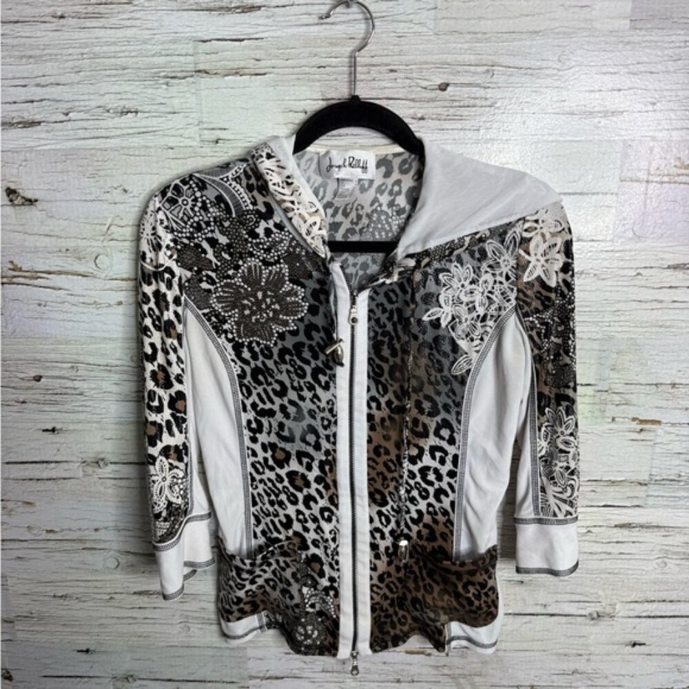Joseph Ribkoff White and Black Leopard Print Zip Front Jacket